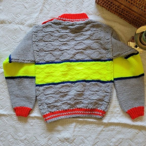Handmade Kids Wool Knit Sweater Colorblock with Shoulder Buttons - Picture 3 of 6